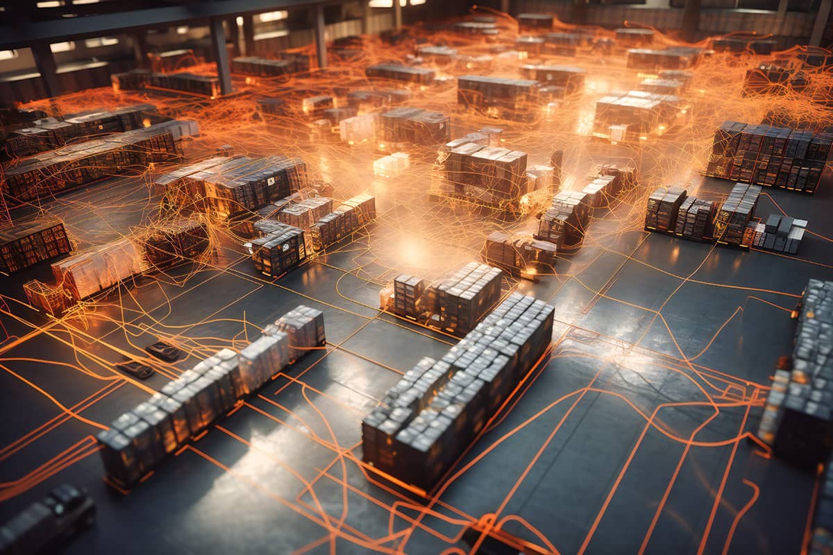 A large warehouse filled with lots of boxes with orange lines forming connections